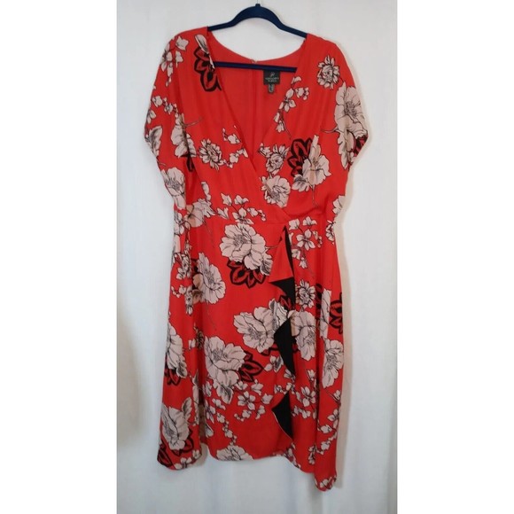 Adrianna Papell Red Floral Mock Wrap Midi Dress Ruffle Short Sleeves Size 16W - Picture 1 of 14